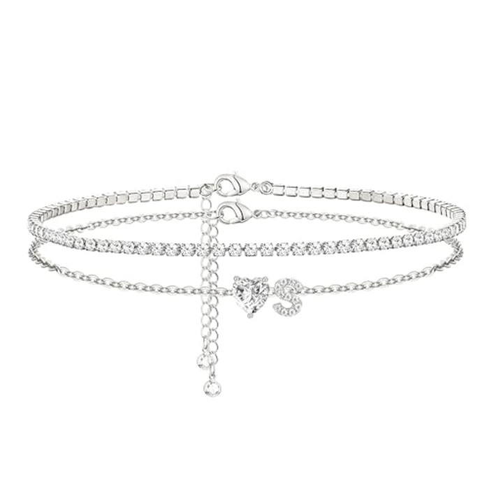 CIOMY Heart Initial Silver Anklets for Women Waterproof Dainty Silver Plated ankle bracelets for women Large Ankle Women's Anklets Tennis ankle bracelets Non Tarnish Summer Beach Foot Jewelry Letter S by CIOMY - Image 1