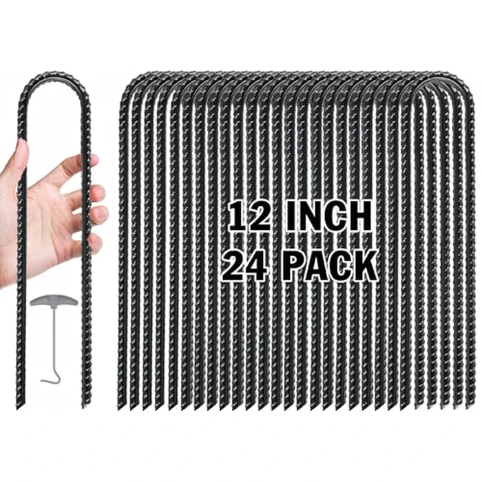 Gtongoko 24 Pack Trampoline Stakes, Trampoline Accessories, 12 Inch Ground Stakes Heavy Duty with T Hook, Ground Anchors, Rebar Stakes, High Wind Tent Anchors, Galvanized Steel, U Shaped, Black by Gtongoko - Used - Very Good condition - US$47.02