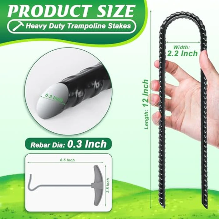 Gtongoko 24 Pack Trampoline Stakes, Trampoline Accessories, 12 Inch Ground Stakes Heavy Duty with T Hook, Ground Anchors, Rebar Stakes, High Wind Tent Anchors, Galvanized Steel, U Shaped, Black by Gtongoko - Image 2