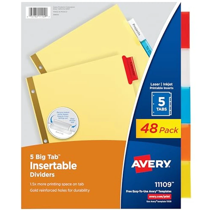 Avery Binder Dividers - 5-Tab Insertable Multicolor Big Tabs for Binders, 48 Sets of Dividers (11109) by Avery - Used - Like New condition - US$18.51