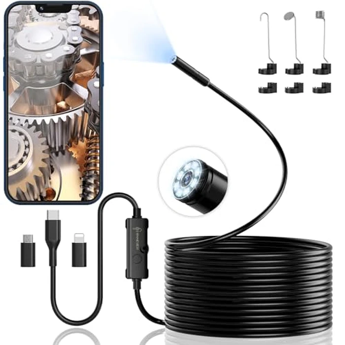 Endoscope Camera with Light, Ennovor 1920P HD, Endoscope Inspection with 8 Adjustable LED Lights, Borescope with Flexible Rigid Snake Camera, IP67 Waterproof and No WiFi Required, for Android iOS by Ennovor - Used - Acceptable condition
