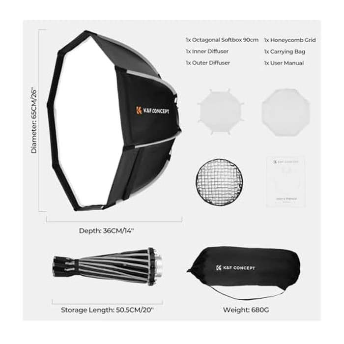 K&F CONCEPT 35''/90cm Octagonal Softbox, Quick Release Bowens Mount Softbox with Honeycomb Grid, Light Diffusers, Carrying Bag, for Photography Studio Speedlite Flash and Monolight by K&F CONCEPT - Image 8
