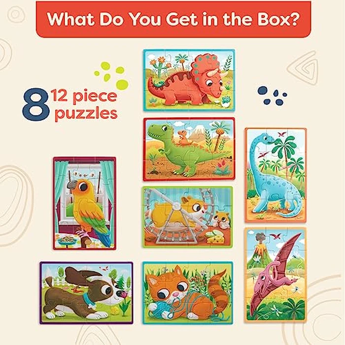 B. toys - Pack o' Puzzles 2 - Pack - Pets & Dinos - Wooden Jigsaw Puzzle Box Set - 2 Boxes, 8 Set - 12 Pieces - 3+ Years by B. toys - Image 6