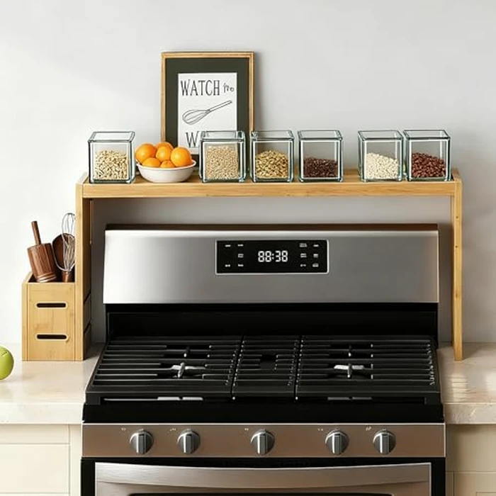 BESLCEID 31-inch bamboo stove rack for above the hob, kitchen bamboo spice rack, supports up to 50 pounds. Bamboo stove rack for storing spices and kitchen utensils. (Wood colour) by BESLCEID - Used - Very Good condition