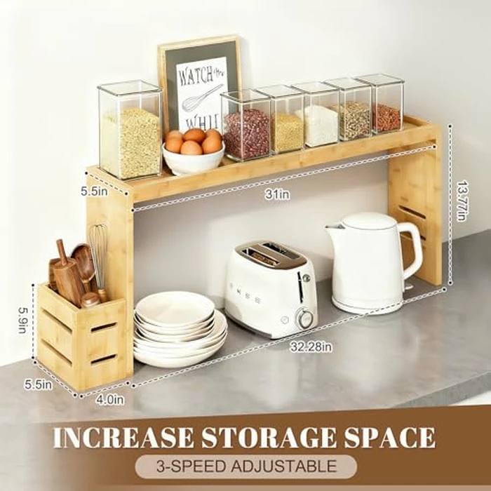 BESLCEID 31-inch bamboo stove rack for above the hob, kitchen bamboo spice rack, supports up to 50 pounds. Bamboo stove rack for storing spices and kitchen utensils. (Wood colour) by BESLCEID - Image 2