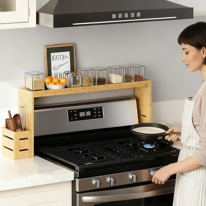 BESLCEID 31-inch bamboo stove rack for above the hob, kitchen bamboo spice rack, supports up to 50 pounds. Bamboo stove rack for storing spices and kitchen utensils. (Wood colour) by BESLCEID - Image 4