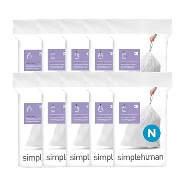 simplehuman Code N 200 Count, Dispenser Pack Custom Fit Liners, Drawstring Trash Bags, 45-50 Liter / 11.9-13.2 Gallon, White by simplehuman - Image 1
