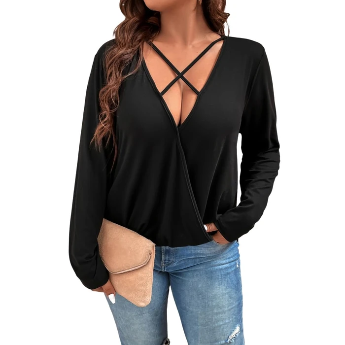 WDIRARA Women's Plus Size Criss Cross Long Sleeve T Shirt Wrap Deep V Neck Tee Black 2XL by WDIRARA - Used - Like New condition