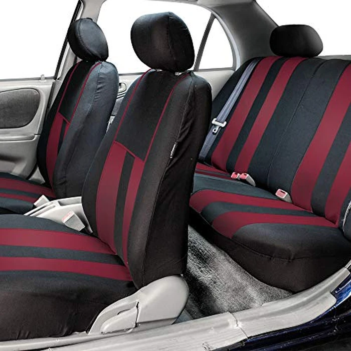 FH Group Three Row Set Striking Striped 7 Seater Car Seat Covers Airbag & Split Bench Compatible â€“ Universal Fit for Cars Trucks & SUVs Burgundy/Black by FH Group - Image 2