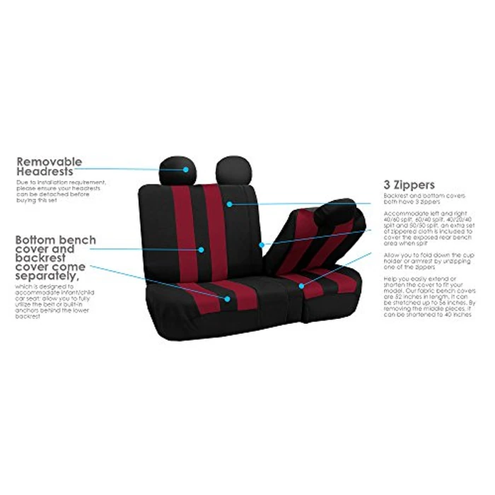 FH Group Three Row Set Striking Striped 7 Seater Car Seat Covers Airbag & Split Bench Compatible â€“ Universal Fit for Cars Trucks & SUVs Burgundy/Black by FH Group - Image 7
