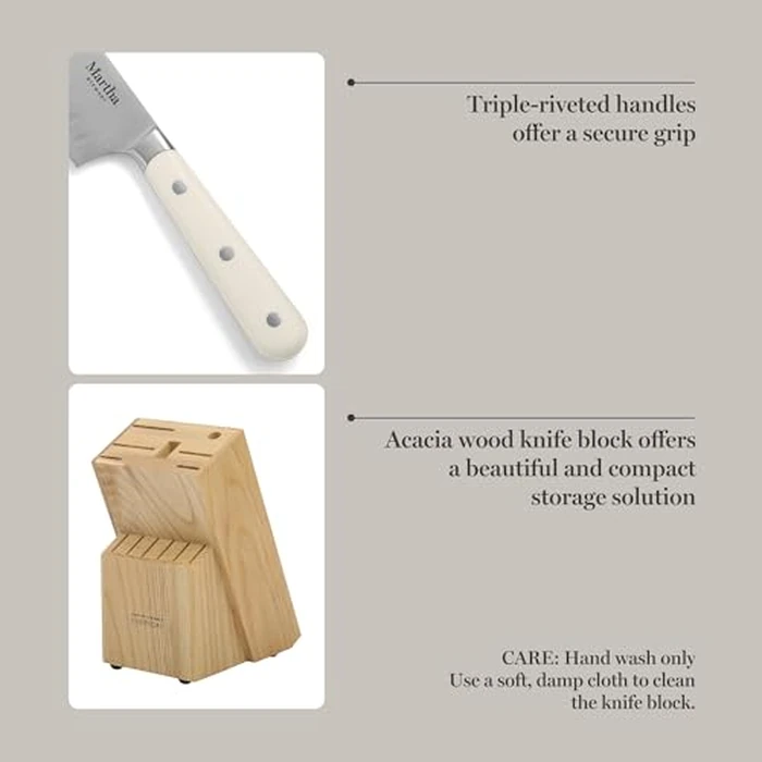 MARTHA STEWART Eastwalk 14 Piece High Carbon Stainless Steel Cutlery Kitchen Knife Block Set w/ABS Triple Riveted Forged Handle Acacia Wood Block - Linen White by Martha Stewart - Image 4