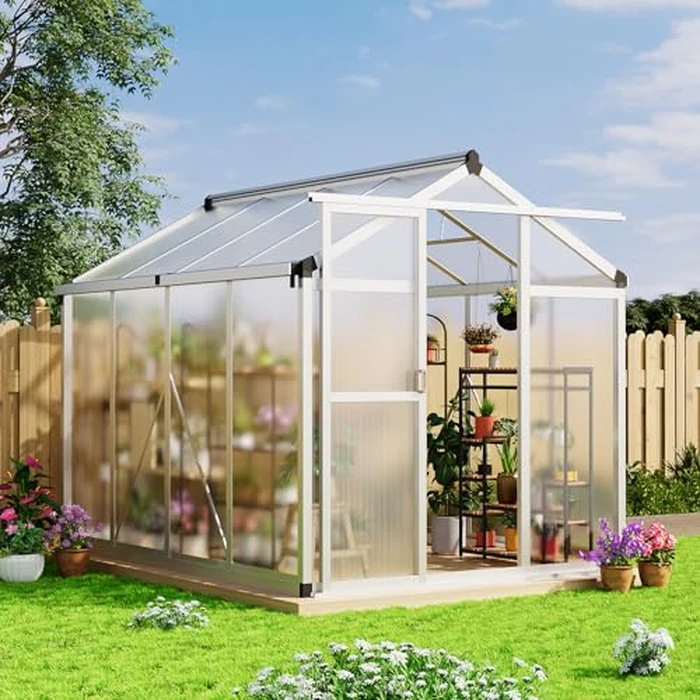 Garvee 6x8 FT Greenhouse - Aluminum Greenhouses for Outdoors, Large Polycarbonate Greenhouse with Roof Vent, Heavy Duty Walk-in Green Houses for Outside Garden, Backyard, Patio, Lawn, Easy Assembly by Garvee - Used - Very Good condition