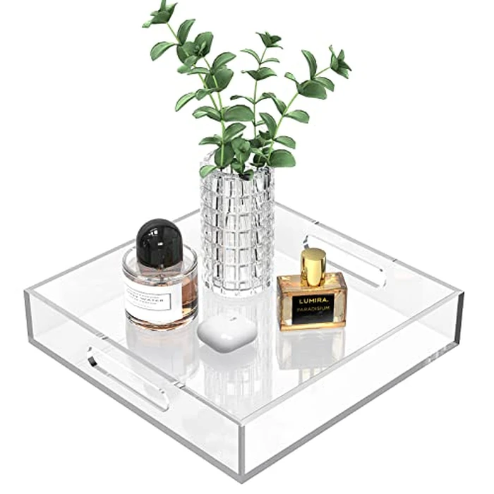 Cilinta Home Decorative Coffee Table Tray, 10"x10" Elegant Acrylic Serving Trays with Handles Works for Eating, Breakfast, Makeup Drawer Organizer,Bathroom Vanity Table,Ottoman Tray, Clear by Cilinta - Used - Very Good condition - CA$19.88