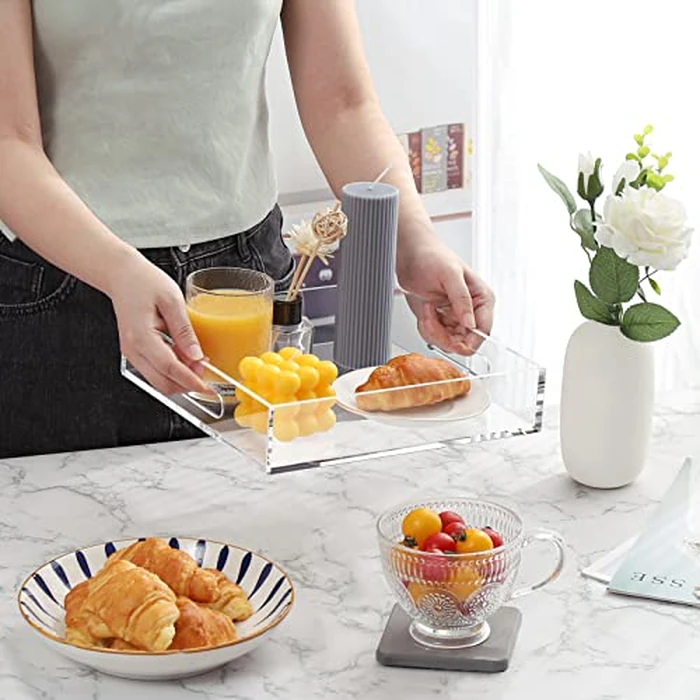 Cilinta Home Decorative Coffee Table Tray, 10"x10" Elegant Acrylic Serving Trays with Handles Works for Eating, Breakfast, Makeup Drawer Organizer,Bathroom Vanity Table,Ottoman Tray, Clear by Cilinta - Image 2