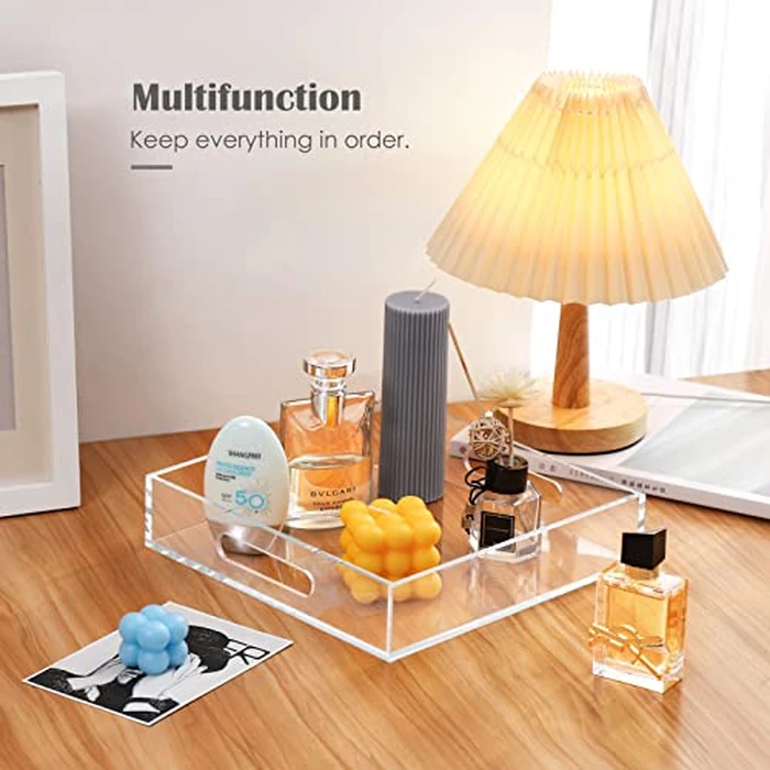 Cilinta Home Decorative Coffee Table Tray, 10"x10" Elegant Acrylic Serving Trays with Handles Works for Eating, Breakfast, Makeup Drawer Organizer,Bathroom Vanity Table,Ottoman Tray, Clear by Cilinta - Image 5
