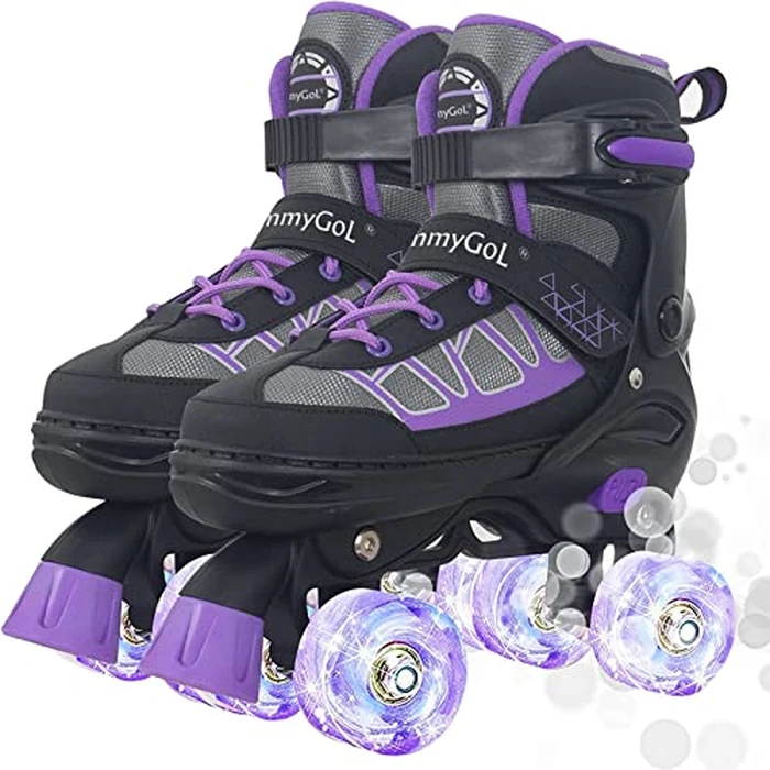 MammyGol Roller Skates for Kids Boys Girls, Adjustable Quad Skates with Light Up Wheels for Toddler Little Kids Ages 6-12 Size 13C 1 2, Beginners Outdoor Sports, Purple by MammyGol - Used - Like New condition