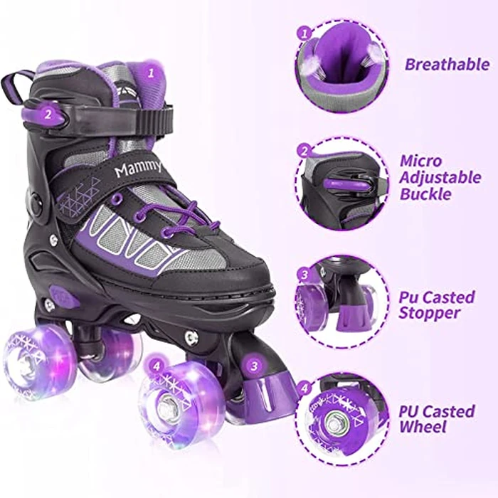 MammyGol Roller Skates for Kids Boys Girls, Adjustable Quad Skates with Light Up Wheels for Toddler Little Kids Ages 6-12 Size 13C 1 2, Beginners Outdoor Sports, Purple by MammyGol - Image 3