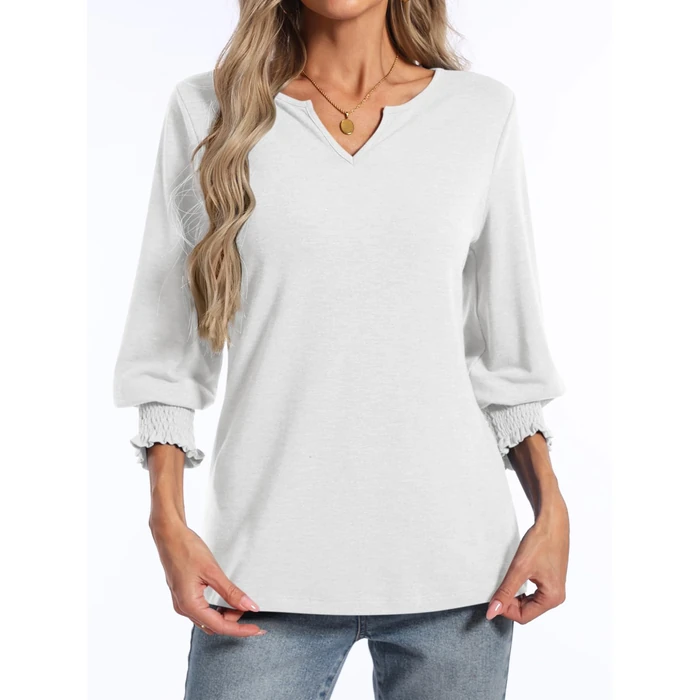 PGANDS Women's 3/4 Sleeve V Neck T Shirts Ruffle Sleeve Summer Solid Casual Tops White by PGANDS - Image 2