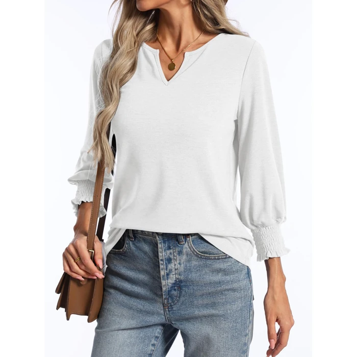 PGANDS Women's 3/4 Sleeve V Neck T Shirts Ruffle Sleeve Summer Solid Casual Tops White by PGANDS - Image 3