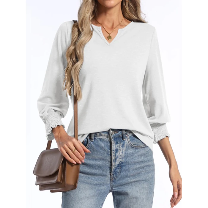 PGANDS Women's 3/4 Sleeve V Neck T Shirts Ruffle Sleeve Summer Solid Casual Tops White by PGANDS - Image 5