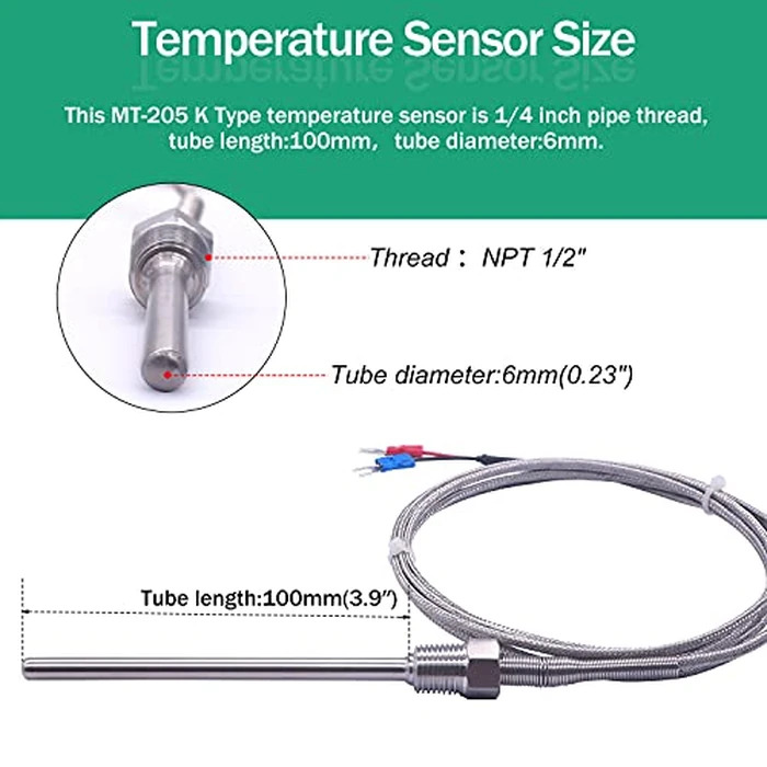 Twidec/2M NPT 1/4" inch (6X100MM) Pipe Thread Temperature Sensor Probe Two Wire Temperature Controller (0~600℃) 304 Stainless Steel K Type Thermocouple MT-205-1/4 by Twidec - Image 2