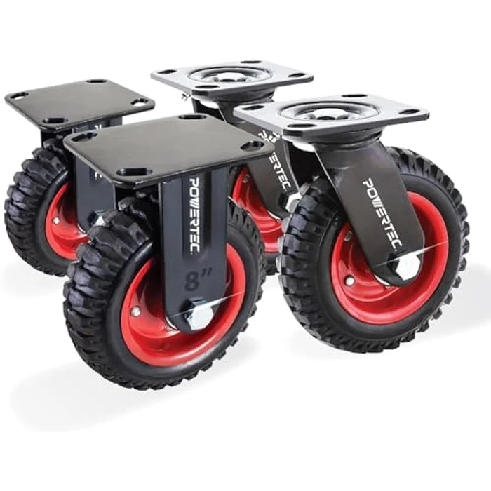 POWERTEC 8 Inch Caster Wheels Set of 4 (2 Swivel & 2 Fixed), Heavy Duty Casters w/Rubber Knobby Tread for Workbench, Dolly, Cart, Trolley, Wagon and Chicken Coop (17055V) by POWERTEC - Used - Good condition