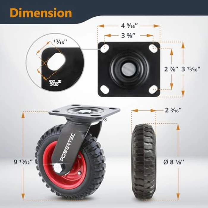 POWERTEC 8 Inch Caster Wheels Set of 4 (2 Swivel & 2 Fixed), Heavy Duty Casters w/Rubber Knobby Tread for Workbench, Dolly, Cart, Trolley, Wagon and Chicken Coop (17055V) by POWERTEC - Image 2