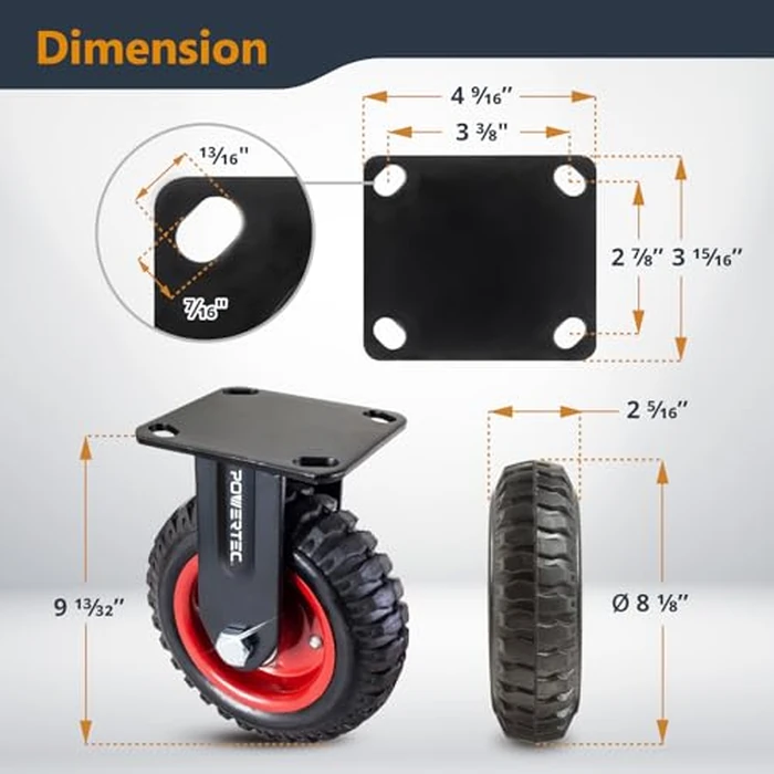 POWERTEC 8 Inch Caster Wheels Set of 4 (2 Swivel & 2 Fixed), Heavy Duty Casters w/Rubber Knobby Tread for Workbench, Dolly, Cart, Trolley, Wagon and Chicken Coop (17055V) by POWERTEC - Image 3