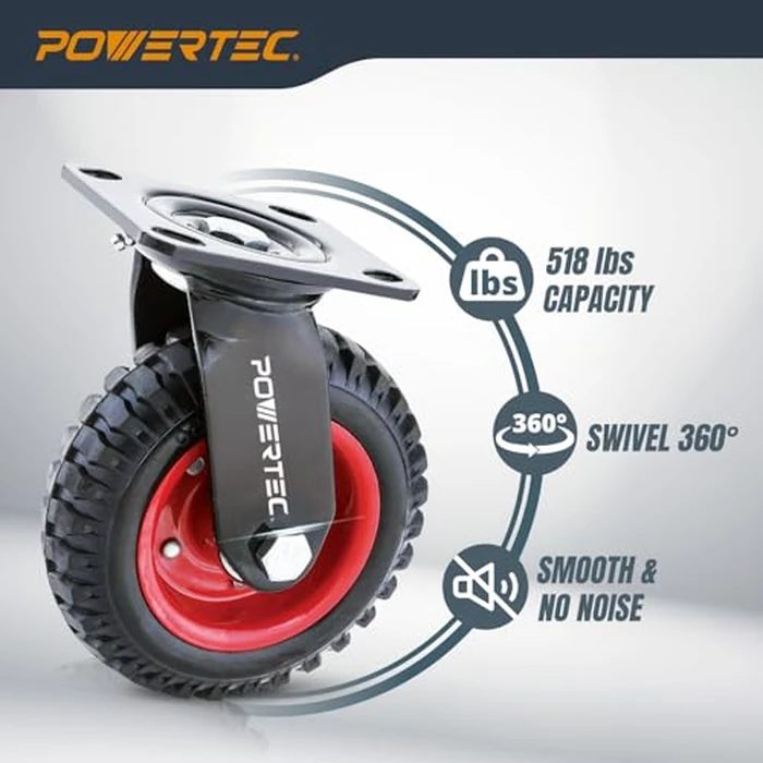 POWERTEC 8 Inch Caster Wheels Set of 4 (2 Swivel & 2 Fixed), Heavy Duty Casters w/Rubber Knobby Tread for Workbench, Dolly, Cart, Trolley, Wagon and Chicken Coop (17055V) by POWERTEC - Image 4