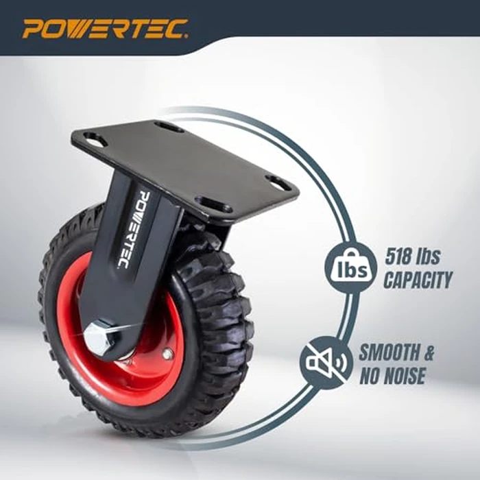 POWERTEC 8 Inch Caster Wheels Set of 4 (2 Swivel & 2 Fixed), Heavy Duty Casters w/Rubber Knobby Tread for Workbench, Dolly, Cart, Trolley, Wagon and Chicken Coop (17055V) by POWERTEC - Image 5