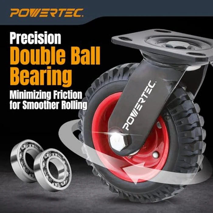 POWERTEC 8 Inch Caster Wheels Set of 4 (2 Swivel & 2 Fixed), Heavy Duty Casters w/Rubber Knobby Tread for Workbench, Dolly, Cart, Trolley, Wagon and Chicken Coop (17055V) by POWERTEC - Image 6