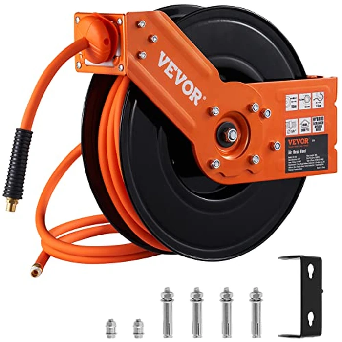 VEVOR Retractable Air Hose Reel, 3/8 IN x 50 FT Hybrid Air Hose Max 300PSI, Air Compressor Hose Reel with 5 ft Lead in, Ceiling/Wall Mount Heavy Duty Single Arm Steel Reel by VEVOR - Used - Like New condition - US$74.70