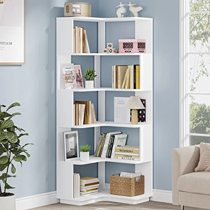 Tribesigns 6-Tier Corner Bookshelf, 64.9 Inch Tall Bookcase with Anti-Drop Panel, Modern Freestanding Corner Shelf Display Rack Storage Organizer for Home Office, Living Room, White by Tribesigns - Used - Good condition