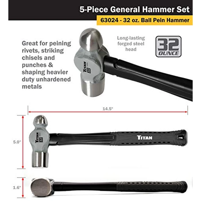 Titan 63125 5-Piece Hammer Set, Includes 16oz & 32oz Ball Pein, 32oz Rubber Mallet, 3lb Sledgehammer, & 3lb Cross Pein, Shock Absorbing Fiberglass Handles with Textured Grips by Titan - Image 6