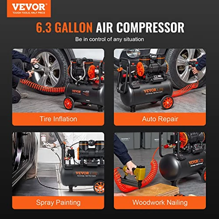VEVOR 6.3 Gallon Air Compressor, 2 HP 3.35 CFM@90PSI Air Compressors with Max. 116PSI Pressure, Oil Free Compressor Tank for Auto Repair, Tire Inflation, Spray Painting, Woodwork Nailing by VEVOR - Image 6