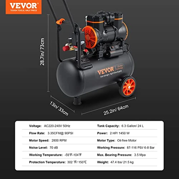 VEVOR 6.3 Gallon Air Compressor, 2 HP 3.35 CFM@90PSI Air Compressors with Max. 116PSI Pressure, Oil Free Compressor Tank for Auto Repair, Tire Inflation, Spray Painting, Woodwork Nailing by VEVOR - Image 7