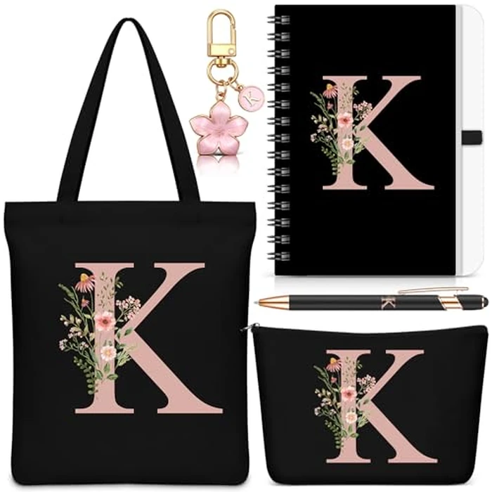Talltalk 5 Pcs Personalized Women Gifts,Initial Tote Bag,Makeup Bag,Keyring,Notebook,Ballpoint,Black Alphabet Gifts for Women(Letter K) by Talltalk - Used - Like New condition - US$13.58