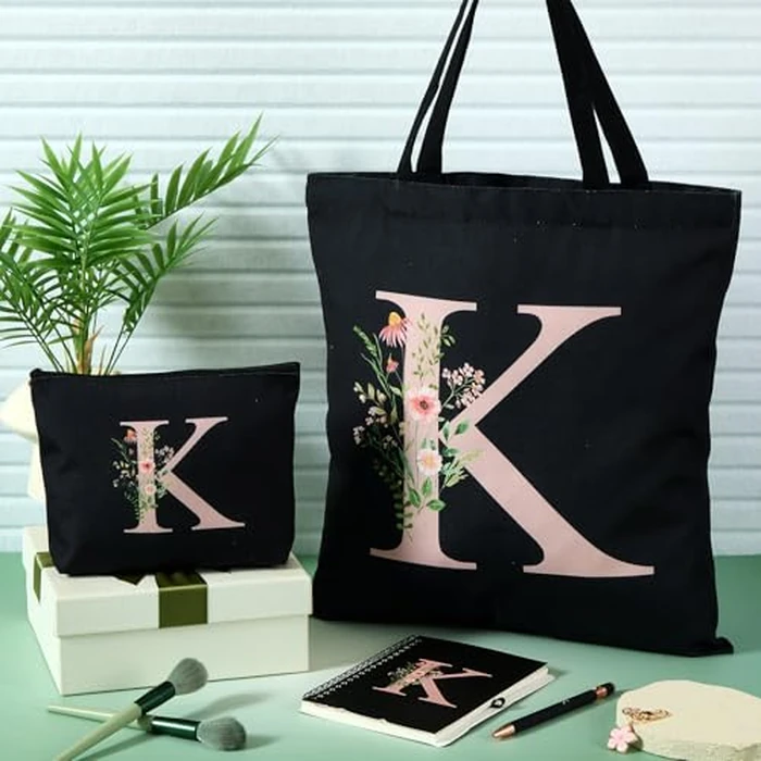 Talltalk 5 Pcs Personalized Women Gifts,Initial Tote Bag,Makeup Bag,Keyring,Notebook,Ballpoint,Black Alphabet Gifts for Women(Letter K) by Talltalk - Image 2