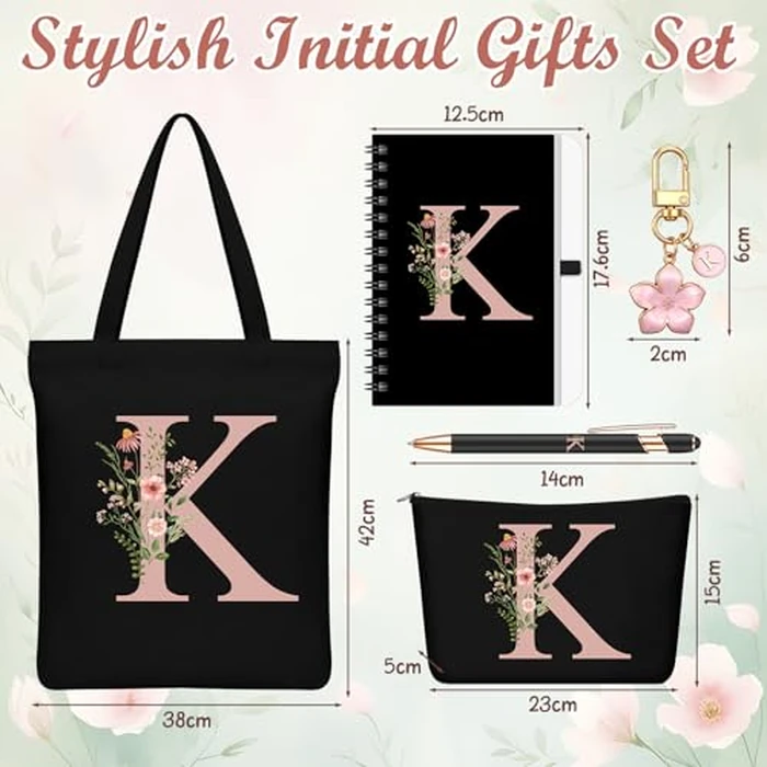 Talltalk 5 Pcs Personalized Women Gifts,Initial Tote Bag,Makeup Bag,Keyring,Notebook,Ballpoint,Black Alphabet Gifts for Women(Letter K) by Talltalk - Image 3
