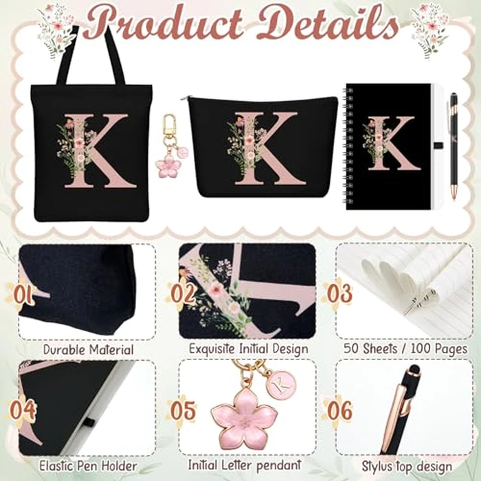 Talltalk 5 Pcs Personalized Women Gifts,Initial Tote Bag,Makeup Bag,Keyring,Notebook,Ballpoint,Black Alphabet Gifts for Women(Letter K) by Talltalk - Image 4