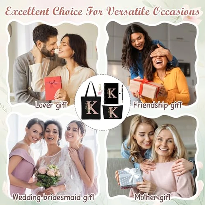 Talltalk 5 Pcs Personalized Women Gifts,Initial Tote Bag,Makeup Bag,Keyring,Notebook,Ballpoint,Black Alphabet Gifts for Women(Letter K) by Talltalk - Image 7