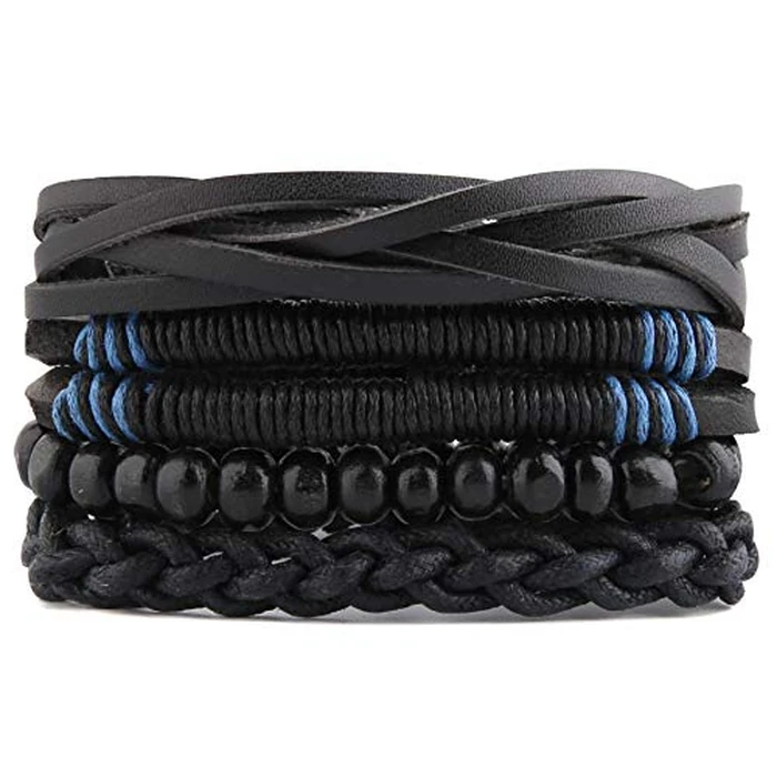 STWTR Mix 4 Wrap Bracelets Men Women, Hemp Cords Wood Beads Ethnic Tribal Bracelets, Leather Wristbands (J) by STWTR - Image 1