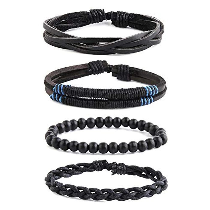 STWTR Mix 4 Wrap Bracelets Men Women, Hemp Cords Wood Beads Ethnic Tribal Bracelets, Leather Wristbands (J) by STWTR - Image 2