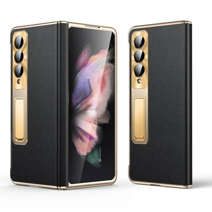 Libeagle for Samsung Galaxy Z Fold 3 Case, Electroplated Frame, Luxury Leather Back, Full Magnetic Hinge Protective, Screen Protector, Metal Stand, Thin & Slim Stand Phone Cover 5G 2021, Black by Libeagle - Used - Acceptable condition - US$16.22