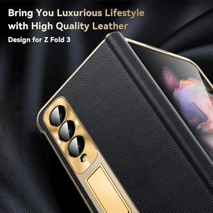 Libeagle for Samsung Galaxy Z Fold 3 Case, Electroplated Frame, Luxury Leather Back, Full Magnetic Hinge Protective, Screen Protector, Metal Stand, Thin & Slim Stand Phone Cover 5G 2021, Black by Libeagle - Image 2