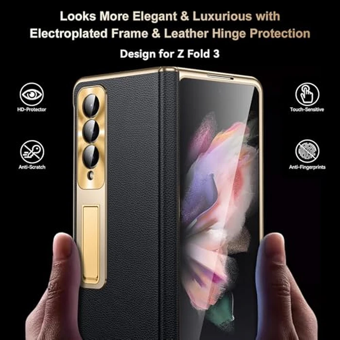Libeagle for Samsung Galaxy Z Fold 3 Case, Electroplated Frame, Luxury Leather Back, Full Magnetic Hinge Protective, Screen Protector, Metal Stand, Thin & Slim Stand Phone Cover 5G 2021, Black by Libeagle - Image 3