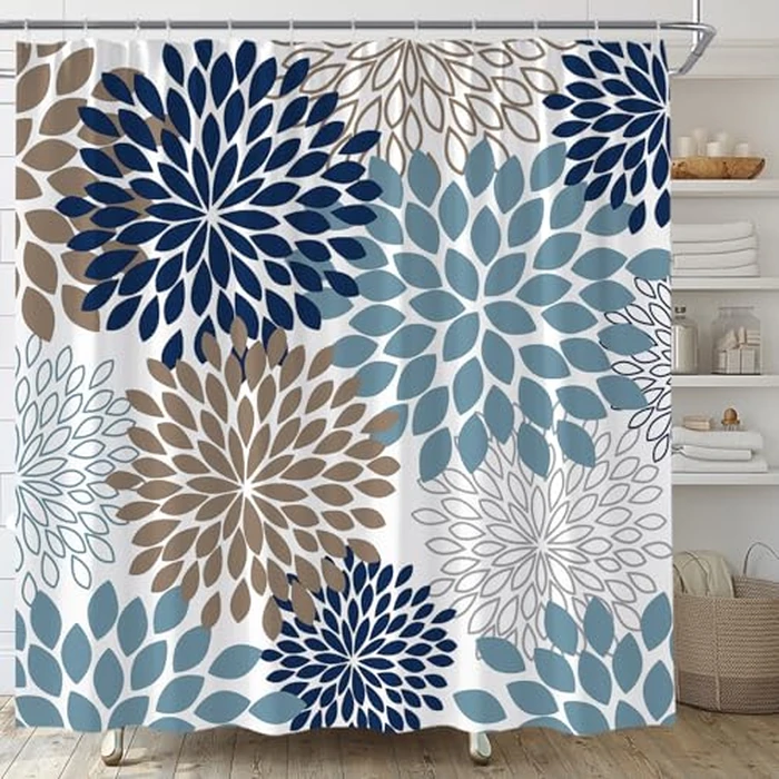 AYDSMYD Dahlia Floral Shower Curtain Navy Blue Grey Brown Flowers Abstract Modern Chic Pinnata Simple Art Home Fabric Bathroom Decor Set Include Hooks,70" WX70 H by AYDSMYD - Used - Like New condition - CA$16.71