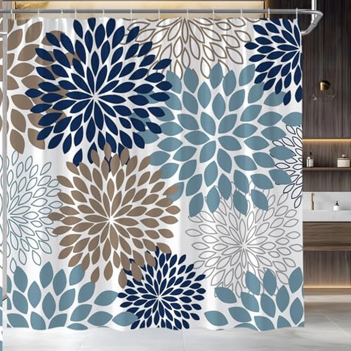 AYDSMYD Dahlia Floral Shower Curtain Navy Blue Grey Brown Flowers Abstract Modern Chic Pinnata Simple Art Home Fabric Bathroom Decor Set Include Hooks,70" WX70 H by AYDSMYD - Image 3