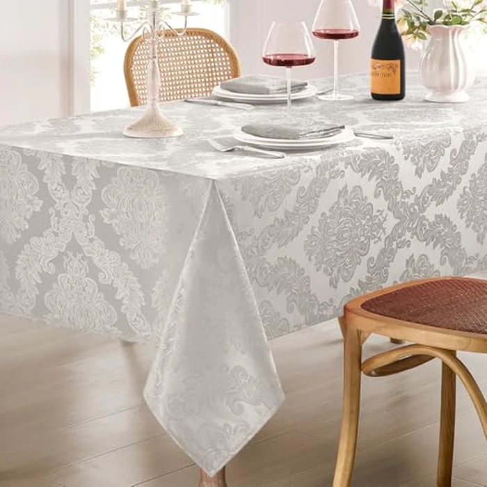 Decorelia White Floral Table Cloths Rectangular 60 x 104 Inch (8-10 Seats), Waterproof Decorative Washable Damask Reusable Tablelcoth Covers for Wedding, Dining Kitchen Buffet Table, Outdoor Party by Decorelia - Image 1
