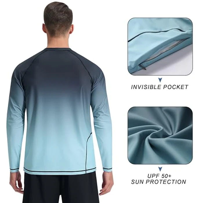 Mens Swim Shirts UPF 50+ Sun Protection Quick Dry SPF Rash Guard Outdoor Beach Fishing T Shirts(Long Sleeve GradientBlack,4XL) by KPSUN - Image 1